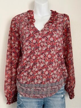 Lucky Brand Red Floral V-Neck Ruffle Blouse
